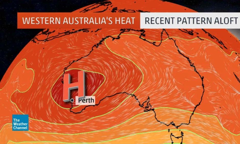 Upper-level weather pattern, featuring a dome of high pressure aloft, responsible for Perth, Australia's record heatwave from Feb. 7-10, 2016. Photo: The Weather Channel