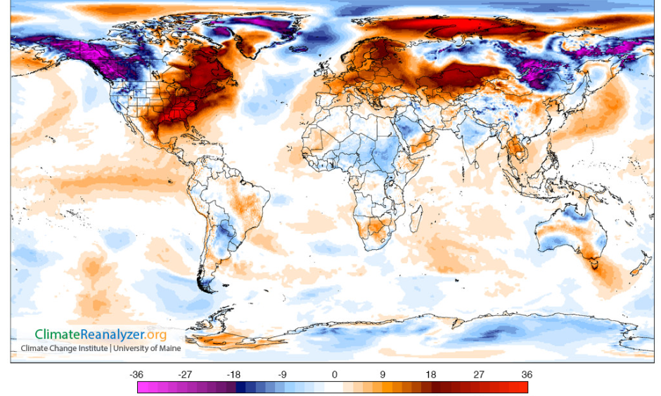 Temperature departure from average for Dec. 25, 2015. Image: Climate Reanalyzer