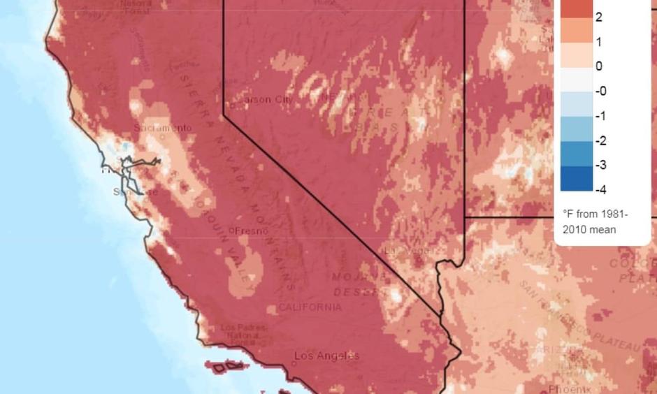 Temperature difference from normal in California over past 30 days. Image: Climate.gov