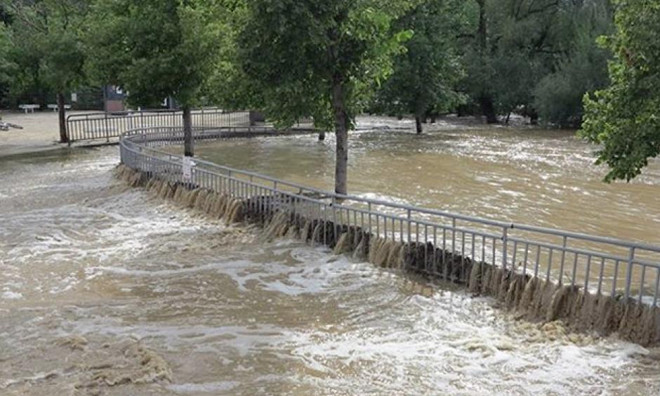 Grounds of Boulder High School on September 13, following historic rainfall and flooding. By September 16, the month-to-date precipitation was already more than 1.7 times any monthly rainfall total since records began in the late 1880s. Photo: Bruce H. Raup