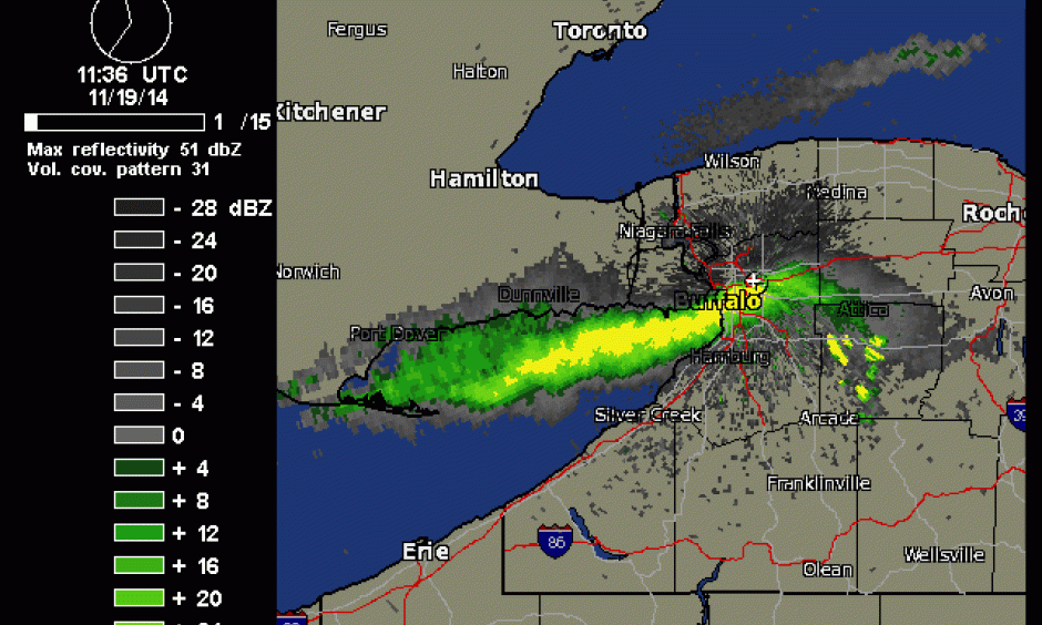 Radar loop of an intense lake effect snow band affecting the Buffalo, New York region between 6:36 - 9:07 am EST November 19, 2014. The band, which had been nearly stationary over South Buffalo for over 24 hours, is seen finally lifting northwards out of the city, thanks to a wind shift caused by an approaching trough of low pressure. Image: Weather Underground