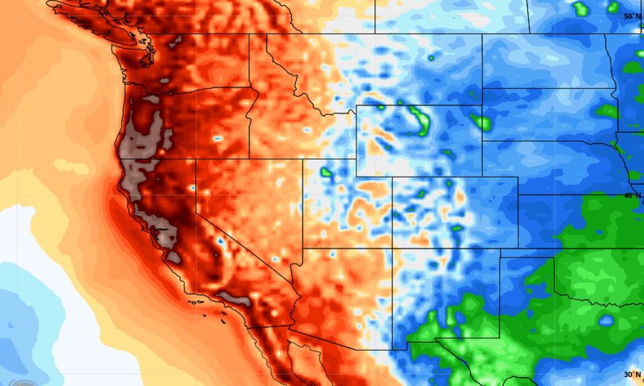 24-hour temperatures compared with normal, centered on today and in degrees F. Credit: WeatherBell