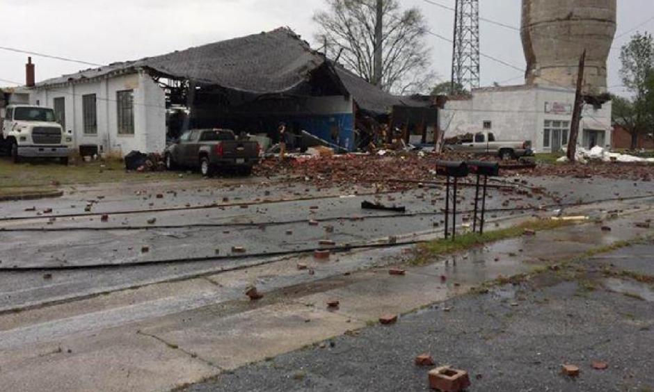 Damage to a building is seen in Gordon, Georgia, on Monday, April 3, 2017. Photo: WGXA-TV/Richard Clark