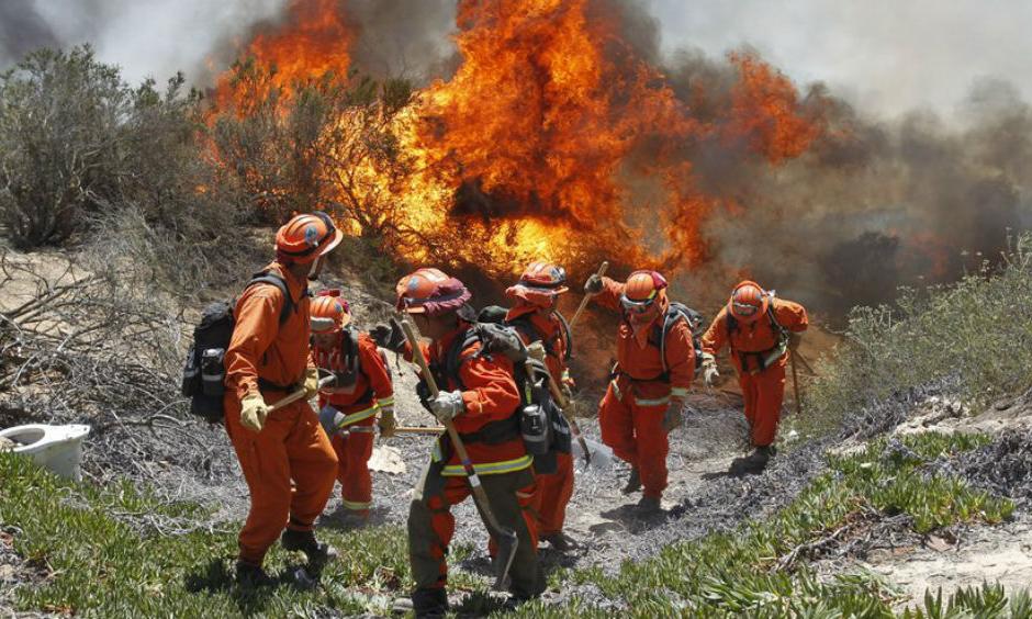 A firefighting crew moves to higher ground while battling the Poinsettia blaze in Carlsbad on May 14, 2014. Photo: Hayne Palmour IV