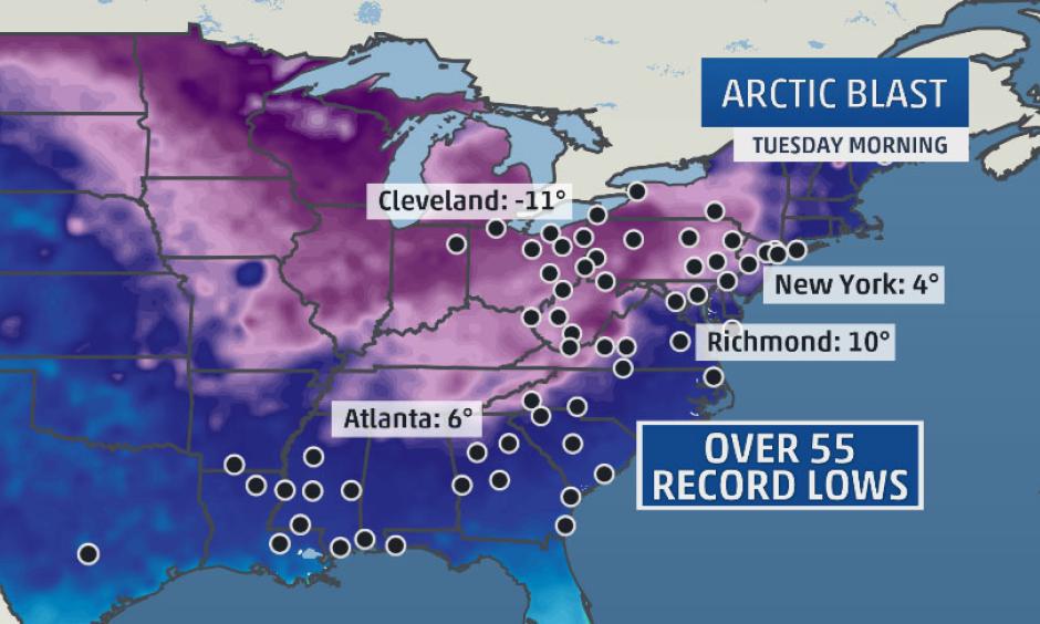 Arctic blast sets over 55 record lows. Image: The Weather Channel