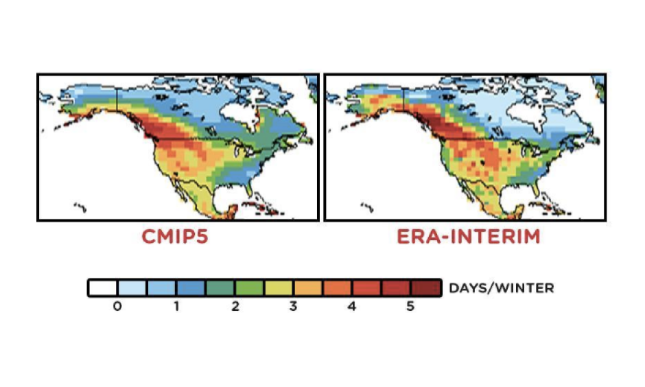 Mean winter cold air outbreak durations during 1981-2000 from the CMIP5 multi-model ensemble mean (left) and from the ERA-Interim global reanalysis (right). Image: Gao, Leung and Lu