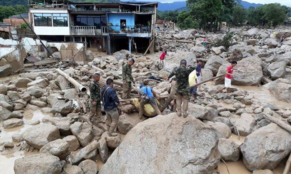 Mocao, Colombia after the Saturday, April 1, 2017 flood. A video from early Saturday morning showed cars and trucks being swept down the streets. Photo: Ejército Nacional de Colombia via Facebook