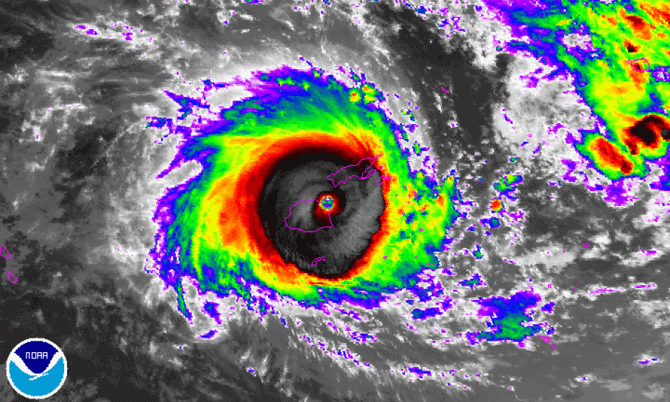 Cyclone Winston, near peak strength, as it made landfall in Fiji on Saturday. Photo: NOAA