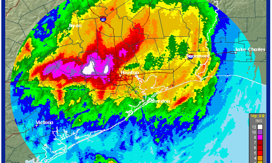 Houston area rainfall is off the charts on Monday. More than 1 foot of rain has fallen over the past 24 hours. Image: National Weather Service