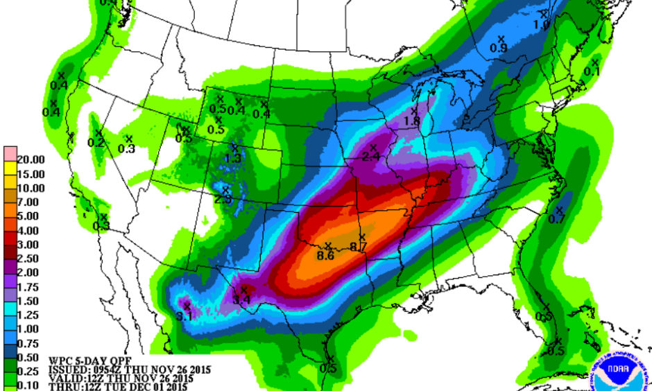 Projected 5-day precipitation totals (rain and melted snow/sleet) for the period from 7 am EST Thursday, November 26, through Tuesday, December 1.