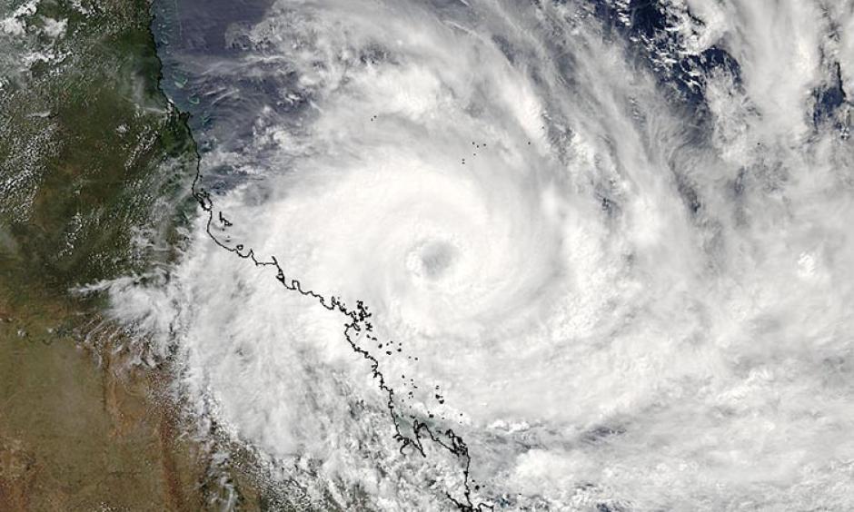 Tropical Cyclone Debbie, as seen on Monday afternoon (local time), 03:50 UTC March 27, 2017. At the time, Debbie was an intensifying Category 2 storm with 105 mph winds. Image: NASA
