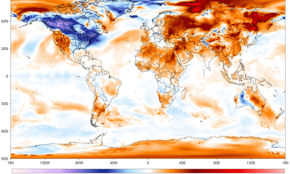 Departure of surface temperature from average for December 28, 2017. Areas in red and orange are not necessarily warm, but they are above the average for this time of year at that location. While the Northeast U.S. was experiencing near-record cold, the globe as a whole was 0.5 °C above average, thanks to global warming. Image: ClimateReanalyzer.org, University of Maine Climate Change Institute