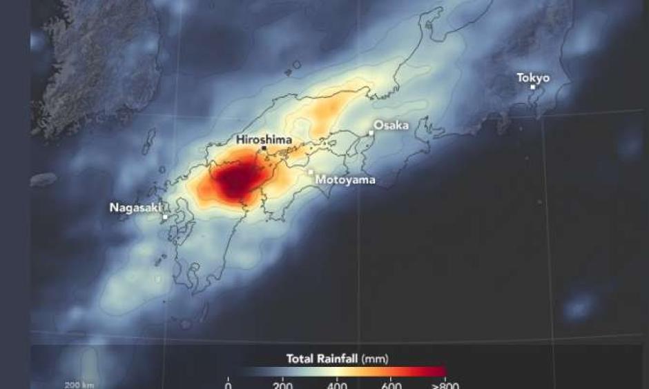 Extreme rainfall that occurred from July 2 to July 9, 2018 in southwestern Japan. Credit: NASA