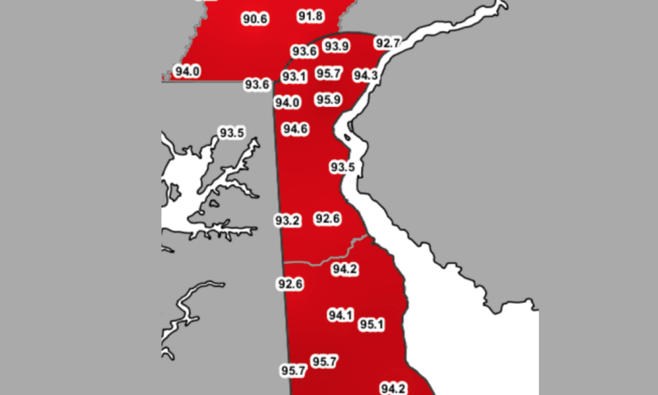 The University of Delaware Environmental Observing System captured these air temperatures shortly before 5 p.m. Some of Delaware's hotspots: The Boardwalk in Rehoboth Beach, Ellendale, Newark and the Delaware State Fair grounds in Harrington. Image: University of Delaware DEOS