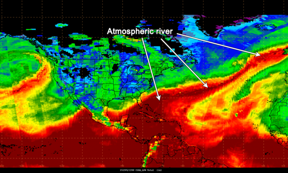 Precipitable water imagery on satellite shows a huge atmospheric river stretching from the Caribbean to the U.K. Image: National Weather Service via Twitter