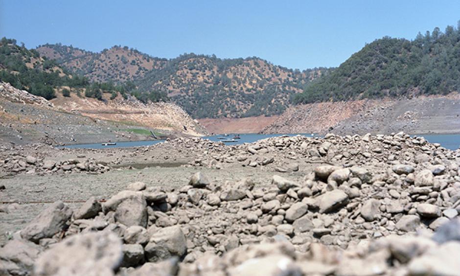 Low water in Don Pedro Reservoir, located in the foothills of the Sierra Nevada about 10 miles west of Yosemite National Park. This photo was taken on October 10, 2014, when nearly the entire state of California was still classified as being drought status D4—exceptional drought. Photo: Andrew Williams