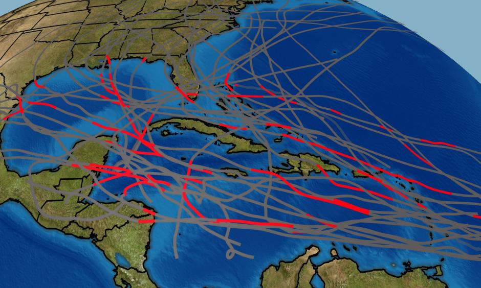 The tracks of all 35 Category 5 Atlantic hurricanes are shown on the map above. The segment of each track where those hurricanes had Category 5 winds is shown in red.