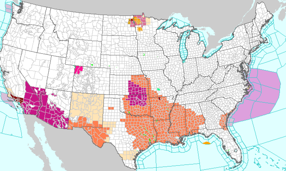 The National Weather Service has issued excessive heat warnings, designated in magenta, for parts of several states beginning Saturday and continuing until Tuesday. Image: National Weather Service