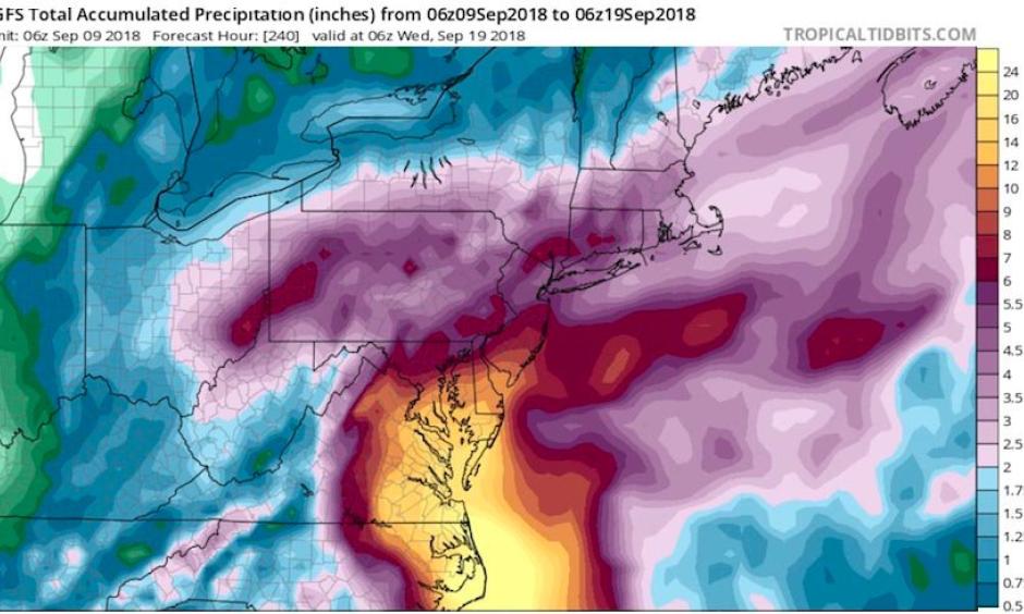If the 06Z Sunday forecast from the GFS model were to verify exactly—with Florence centered in far eastern NC and far southeast VA from Friday through Monday, September 14-17—these are the rainfall amounts that would result, as predicted by the model. Widespread 10”+ amounts would extend from Cape Hatteras to the Washington, D.C., area; the Norfolk/Hampton Roads area of southeast VA would receive more than 20”. Credit: Tropical Tidbits