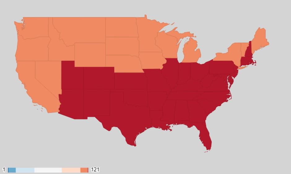Average temperature ranking for the Lower 48 states over the past 36 months. Dark red indicates warmest on record. Orange indicates much warmer than normal. Image: NOAA