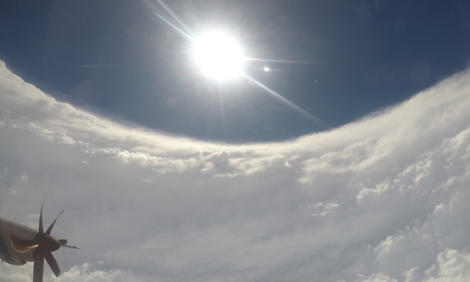 A view of the "stadium effect" from the intense thunderstorms lining the eyewall of Hurricane Dorian as photographed from an Air Force Hurricane Hunter aircraft on September 1, 2019. Credit: Garrett Black.
