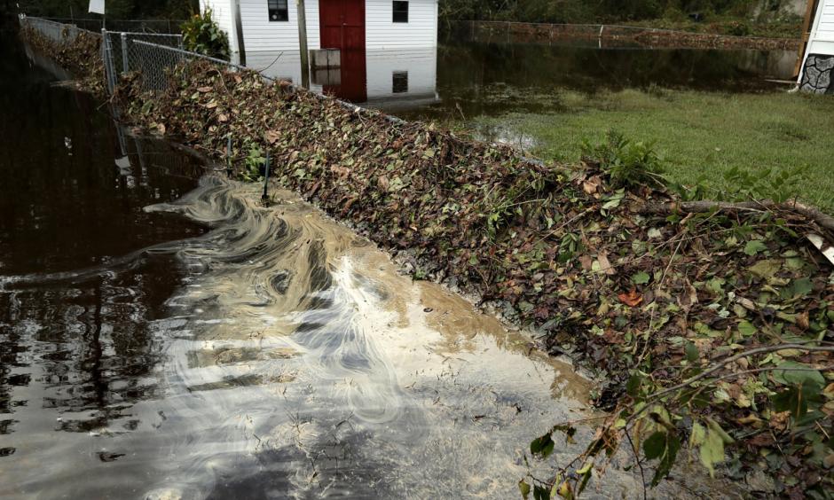 Filthy water seeps from detritus deposited from the Nuese River on the fence along George Skinner's property following flooding from Hurricane Florence September 17, 2018 in Kinston, NC. Photo: Chip Somodevilla, Getty Images