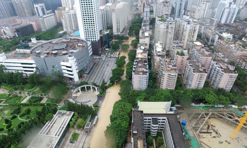 An aerial view of a flooded road in the city of Fuzhou, about 100 miles north of Typhoon Meranti’s landfall, on September 15, 2016. Photo: VCG, via Getty Images
