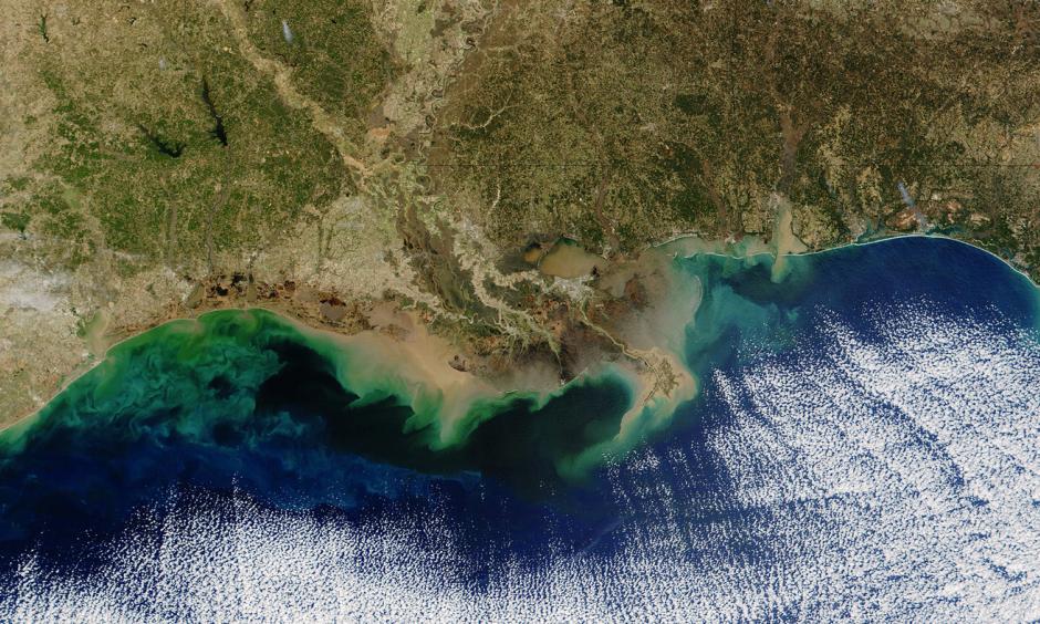 The teal blue area along the Louisiana coastline represents a "dead zone" of oxygen-depleted water. Resulting from nitrogen and phosphorus pollution in the Mississippi River, it can potentially hurt fisheries. Photo: NASA/Getty Images