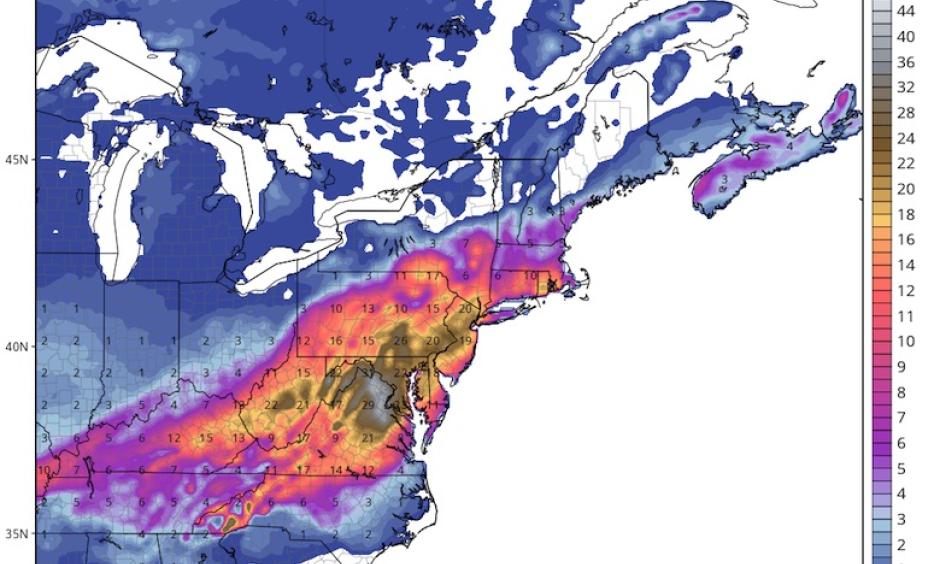 Snowfall totals generated by the 0Z Wednesday operational run of the GFS model for the period from 0Z Wednesday (7:00 pm EST Tuesday) to 0Z Monday (7:00 pm EST Sunday) Photo: Levi Cowan, tropicaltidbits.com