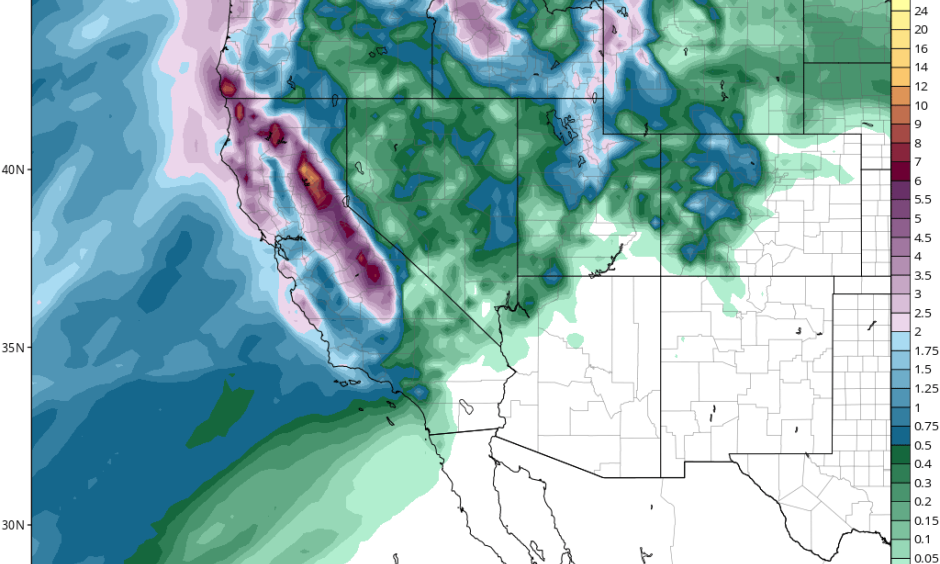 GFS total accumulated precipitation in inches from February 7 through 11, 2017. Image: Tropical Tidbits