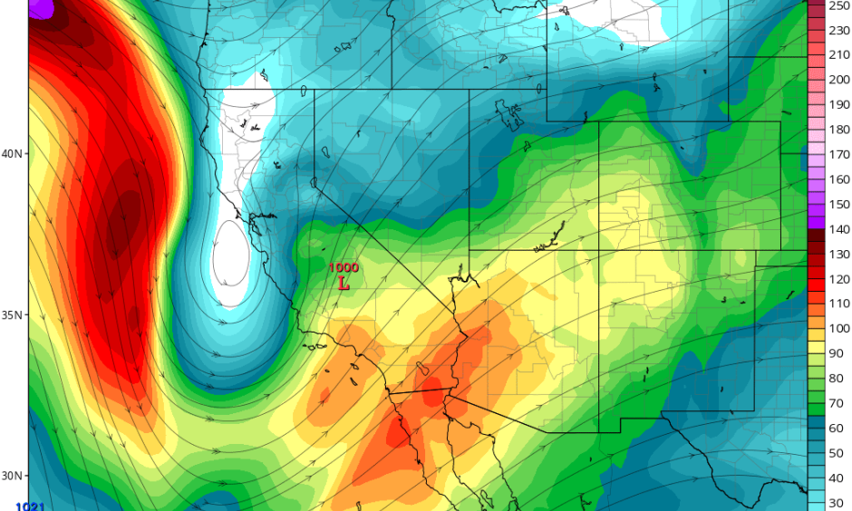 A strong, well-positioned jet streak will generate favorable conditions for intense rain rates and possibly thunderstorms across SoCal. Image: NCEP via tropicaltidbits.com