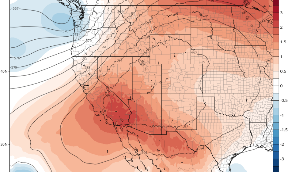 An unusual ridging configuration will keep this weekend’s extreme heat largely confined to SoCal. Credit: Tropicaltidbits