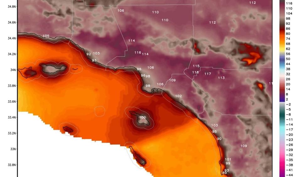 Forecast of high temperatures from the National Weather Service around Los Angeles on Friday. Credit: WeatherBell