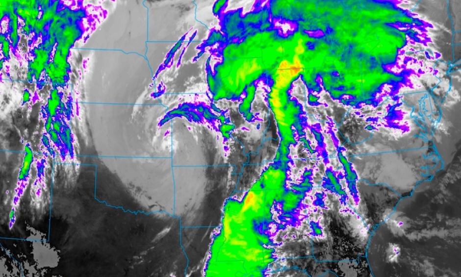 A GOES-16 infrared satellite image from 11:21 am CDT Thursday, March 30, 2017, shows the upper-level low centered near the KS/MO border, with extensive clouds and thunderstorms stretching ahead of it from the Great Lakes to the Gulf of Mexico. A small pocket of relatively clear air may allow for storm redevelopment on Thursday afternoon over the lower Ohio Valley. GOES-16 data are preliminary, non-operational, and still being tested. Image: NEXLAB/College of Dupage