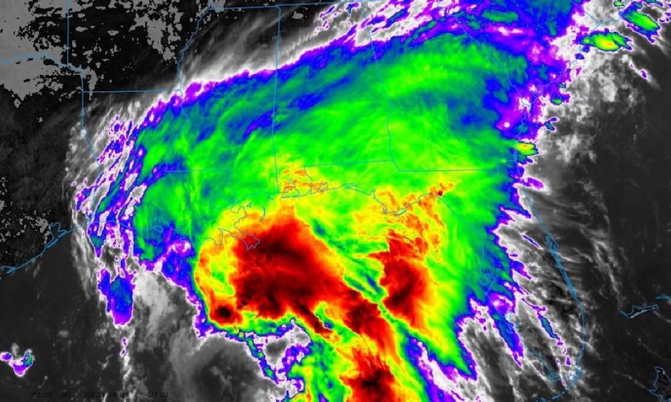 Infrared GOES-16 satellite image of Tropical Storm Cindy as it approached the U.S. Gulf Coast at 12:52 pm EDT Tuesday, June 20, 2017. Showers and thunderstorms are concentrated on the northeast side of Cindy’s broad center, with almost none on the southwest side. GOES-16 satellite images are preliminary and non-operational. At the time of this image, Cindy was classified as Potential Tropical Cyclone 3. Photo: College of DuPage
