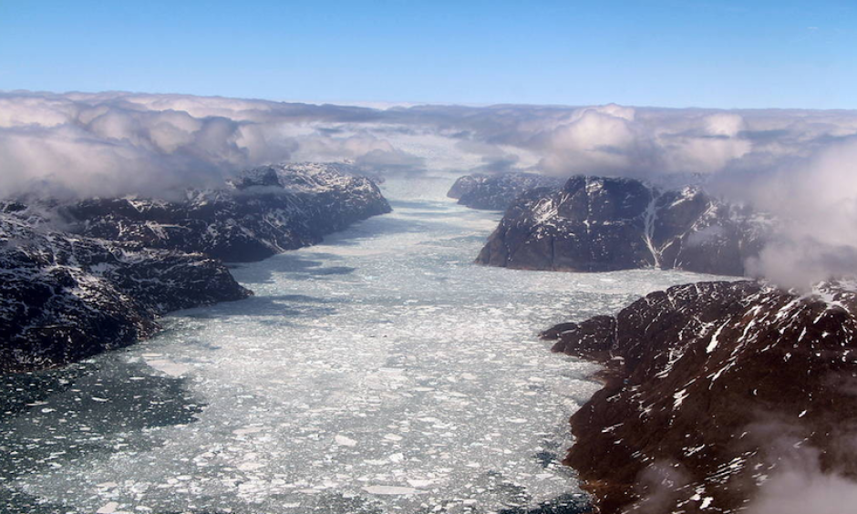 A fjord in southern Greenland, as seen during NASA's Operation IceBridge's last flight of the 2017 Arctic campaign, on May 12, 2017. IceBridge has operated over the last few year to supplement observations of Arctic sea ice ahead of the upcoming Ice, Cloud, and land Elevation Satellite-2 (ICESat-2), due to launch in 2018. Photo: John Sonntag, NASA