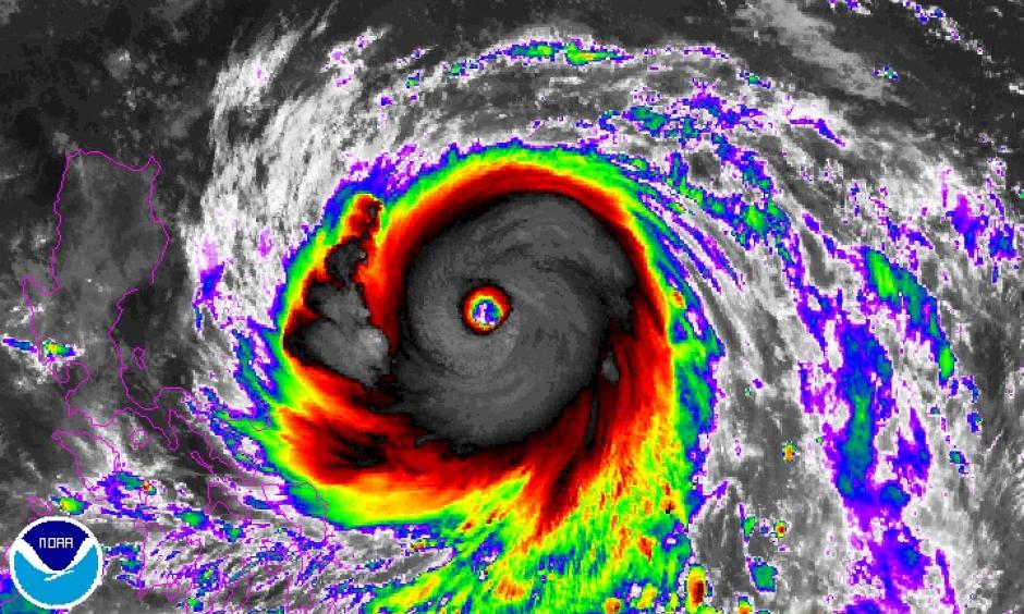 Enhanced infrared image from Japan’s Himiwari-8 satellite of Super Typhoon Haima as of 1400Z (10:00 am EDT) Tuesday, October 18, 2016. Image: NOAA/NESDIS