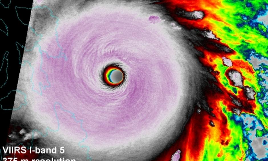 Infrared VIIRS image of the eye of Haiyan taken at 16:19 UTC November 7, 2013. At the time, Haiyan was at peak strength with 195 mph sustained winds. Image: NOAA, CIRA