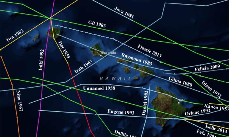 Tracks of all tropical cyclones (tropical depressions, tropical storms, and hurricanes) to pass within 100 miles of the Hawaiian Islands, 1949 - 2014. Image: NOAA / CSC