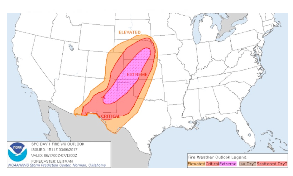 Fire weather outlook issued by the NOAA/NWS Storm Prediction Center at 9:00 am CST Monday, March 6, 2017. Image: NWS