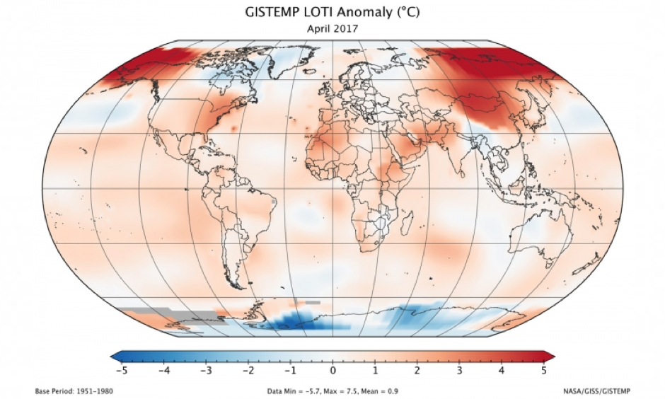 Temperatures were well above average globally in April, with the biggest temperature anomalies in the Arctic. Image: NASA GISS