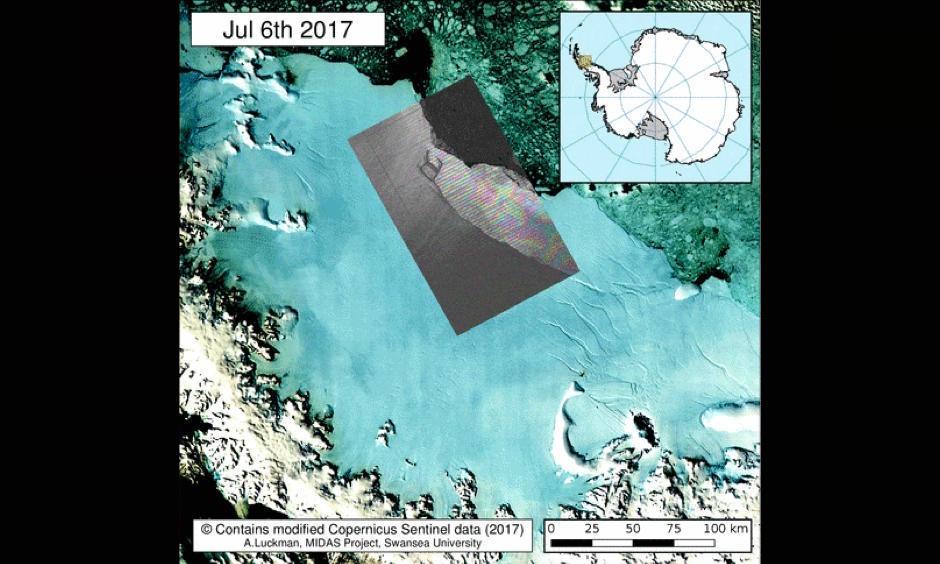 Sentinel-1 interferogram showa the significant stage of the Larsen C rift, culminating in multiple branches observed in early July 2017. Image: Project MIDAS