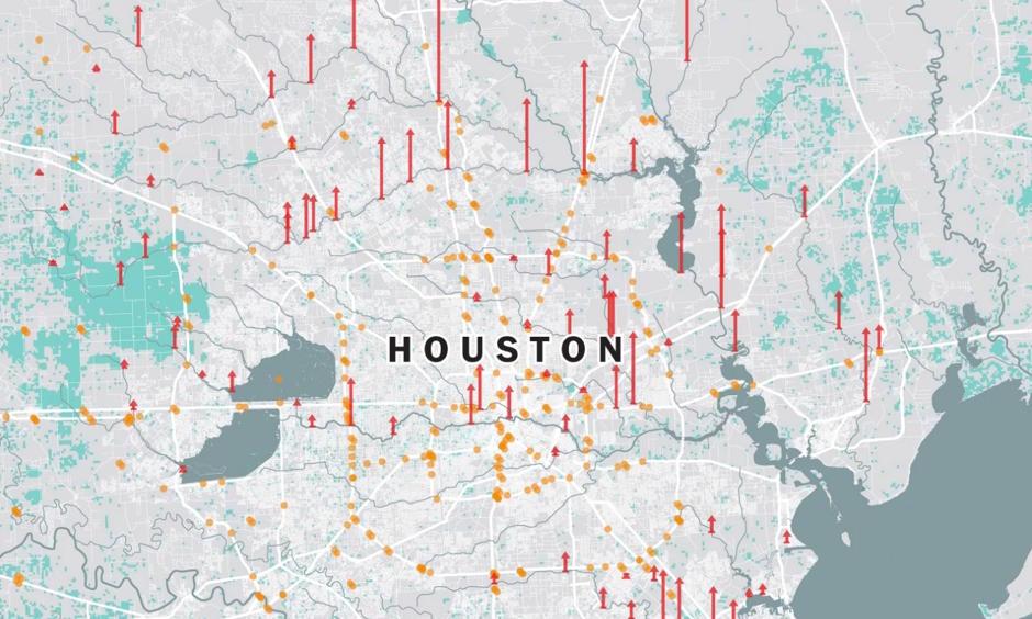 A close-up view of the flooding in Houston. Image: The Washington Post