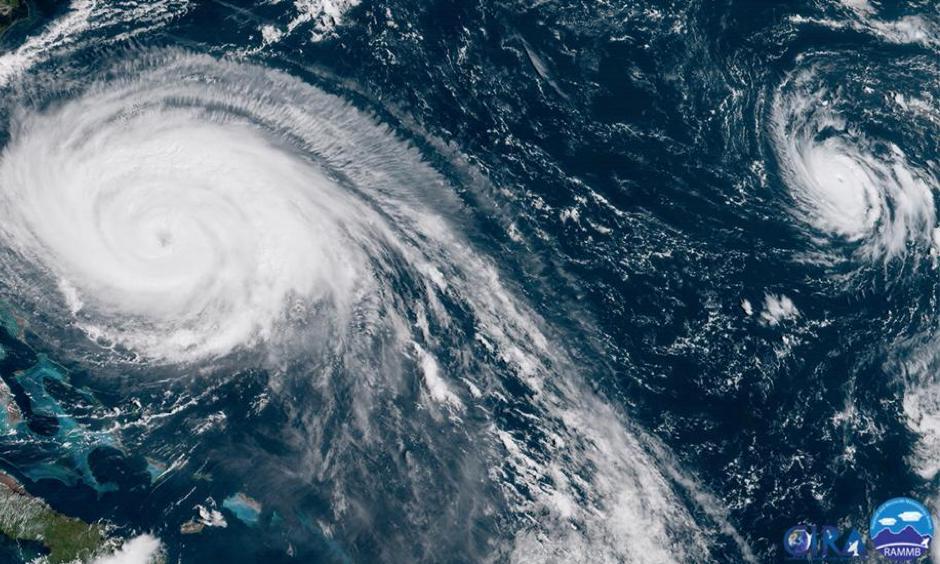 Hurricanes Maria (left) and Lee (right) are shown in this GOES-16 visible satellite image on Sep. 24, 2017, at 11:15 a.m. EDT. Image: CIRA-RAMMB