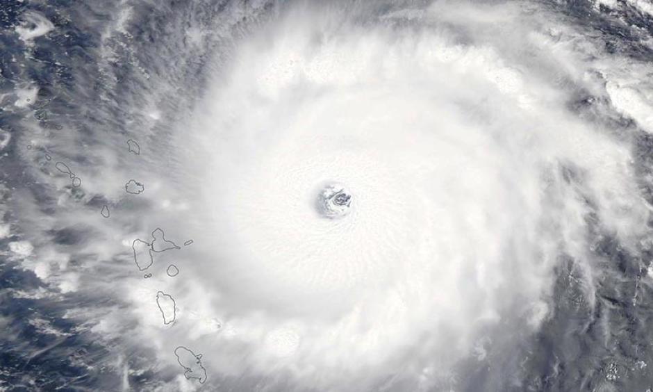 The strongest hurricane of 2017, Hurricane Irma, bears down on the Leeward Islands on September 5, 2017. At the time, Irma was at peak strength--a Category 5 storm with 185 mph winds. Image: NASA