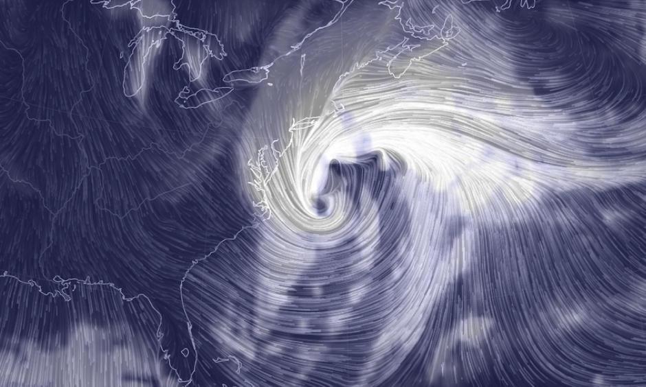 Computer model projection of the intense winter storm on Thursday, Jan. 4, 2018. Image: earth.nullschool.net
