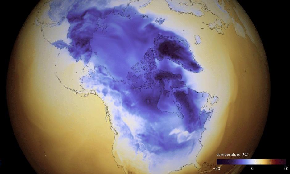 This data visualization shows very cold temperatures gripping large portions of North America on Jan. 1, 2018. The cold is a key ingredient in forming the "bomb cyclone" along the East Coast. Image: NOAA