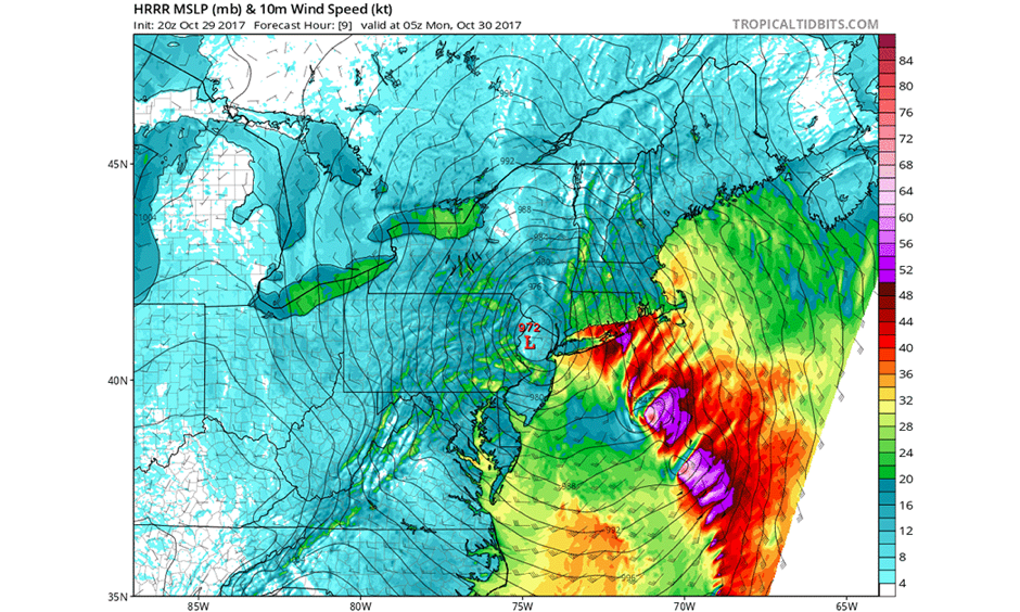 Surface wind forecast valid at 1 am EDT Monday, October 30, 2017, from the 20Z (4 pm EDT) Sunday run of the HRRR model. Winds near 50 knots (58 mph, purple colors) were predicted near the eastern tip of Long Island, NY, and near the coasts of Rhode Island and Connecticut. Image: tropicaltidbits.com