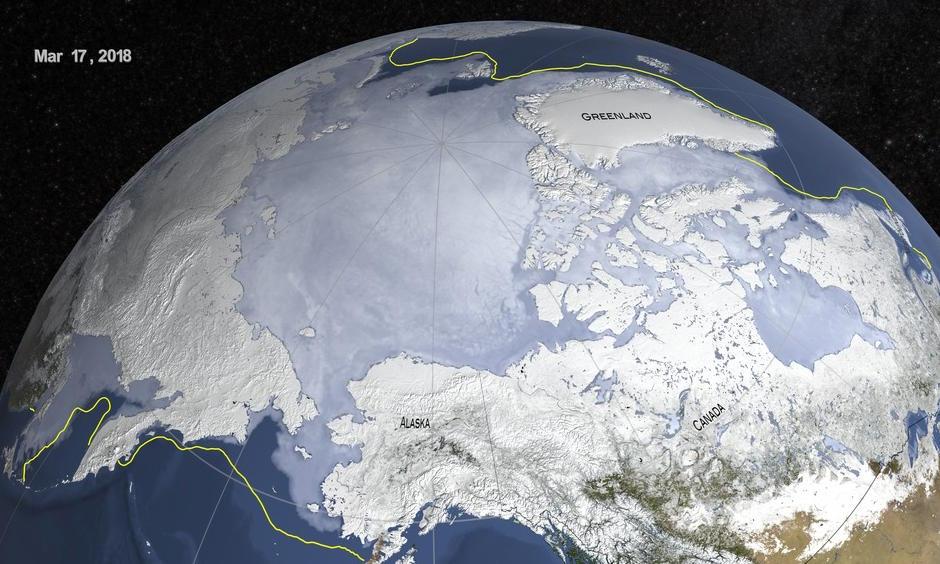 The maximum extent of Arctic sea ice, shown in the graphic above, was recorded on March 17th this year. The yellow line indicates the 30-year average maximum from 1981 to 2010. Image: NASA Scientific Visualization Studio