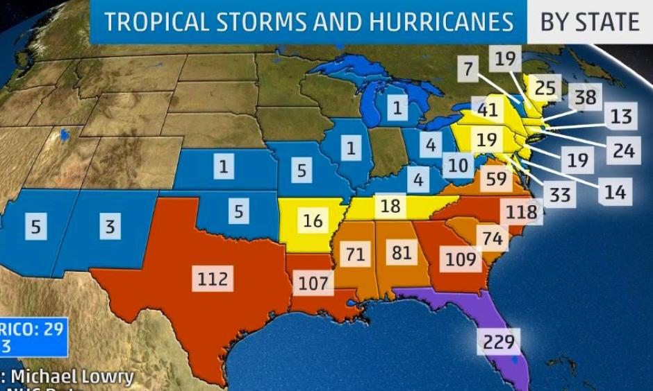 Each number represents the total number of tropical storm and hurricane centers that have tracked directly over that state's geographic boundaries. Tropical depressions are not included in the tally. Image: Weather Underground